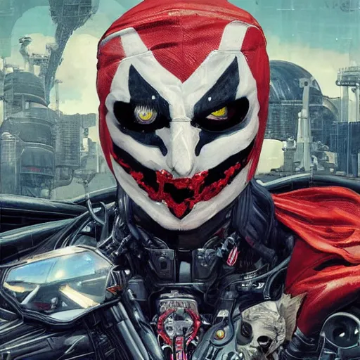 Prompt: a portrait of spawn in a racing helment by sandra chevrier, detailed render, epic composition, cybernetics, 4 k realistic, cryengine, realistic shaded lighting, sharp focus, masterpiece, by matteo scalera, gary montalbano, peter elson in the style of the tokyo ghost comic