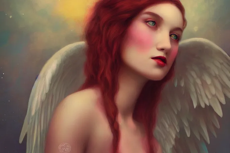 Image similar to pretty angel girl with wings photograph in the style of tom bagshaw, colorful, realistic, 8 k