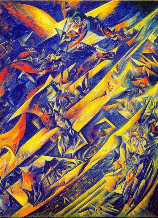 Image similar to flying metal oil on canvas by Umberto Boccioni, vivid colors, hyper detail, golden ratio HQ