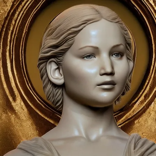 Prompt: a marble statue of Jennifer Lawrence as a heroine, in a museum, by beeple