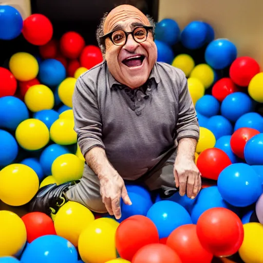 Image similar to danny devito playing in a ball pit, canon eos r 3, f / 1. 4, iso 2 0 0, 1 / 1 6 0 s, 8 k, raw, unedited, symmetrical balance, wide angle