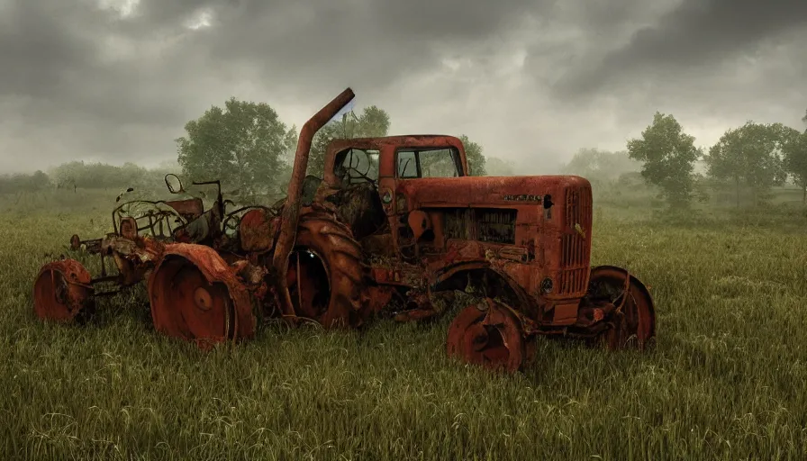 Prompt: abandoned old 2 0 0 0's belgian farm with vegetation, abandoned rusted tractor, morning, hyperdetailed, artstation, cgsociety, 8 k