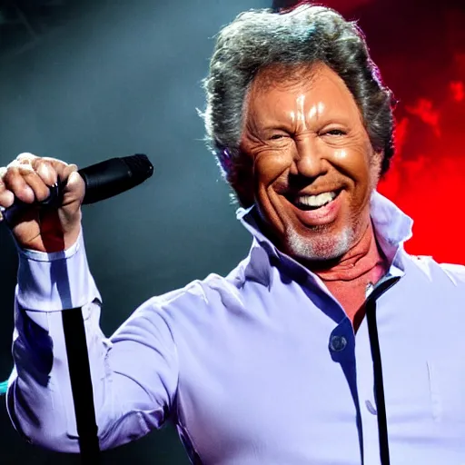 Prompt: tom jones singing with the rolling stones having a nightmare on elm street chased by a fire