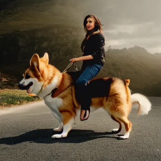 Image similar to giorgia meloni, she in riding a cute giant corgi, epic shot, cinematic lightning, 4 k