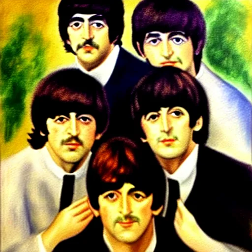 Prompt: Painting of The Beatles, in the style of Renoir, impressionism, oil on canvas