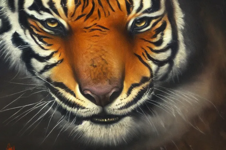 Prompt: A dark, brooding oil painting of a snarling tiger, establishing shot, high-quality, professional, dramatic lighting, extremely high detail, trending on artstation