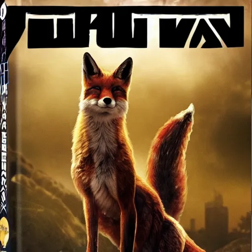 Prompt: blu-ray movie box cover for an action movie featuring an anthropomorphic fox dressed in adventure clothing