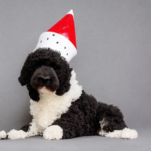 Prompt: black bernadoodle with a white chest wearing a birthday hat