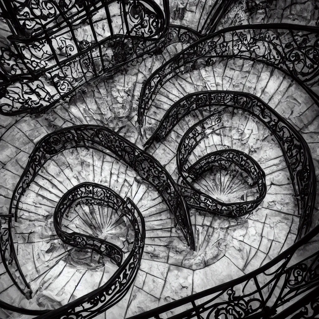 Prompt: grand spiral staircase going down deep in a dark hole, baroque, by etienne - louis boullee and gaudi, dramatic volumetric cinematic light, chiaroscuro, leica, high quality, high detailed