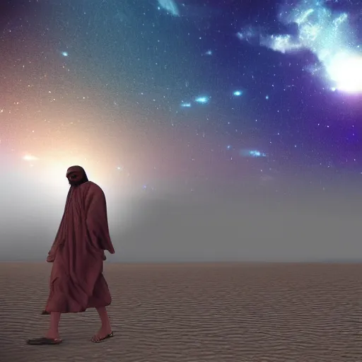 Prompt: bedouin walking in the desert towards a mosque while surrounded by nebula clouds, digital art, trending on artstation