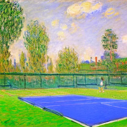 Image similar to tennis court, art by claude monet, impressionism, oil painting, bright colors, advertising painting