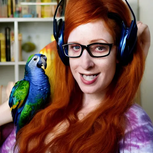 Image similar to a stunning hyper-detailed portrait photo of a beautiful bespectacled woman with long auburn hair and bangs, wearing a tie-dye t-shirt, wearing futuristic headphones and posing with her raccoons and parrots in an overstuffed easy chair in her sunlit living room, holding a coffee mug decorated with parrots, and holding a strawberry-glazed donut and smoking an elaborate hookah, perfect eyes, octane render, unreal engine, 85 mm lens,