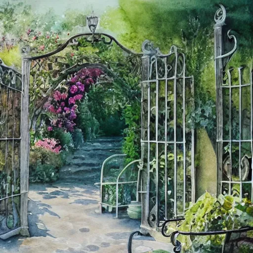 Prompt: delicate, garden, paved, botanic watercolors, iridescent, 8 k, realistic shaded, fine details, artstation, italian, chairs, iron gate, pine maritime, mediterranean - n 9