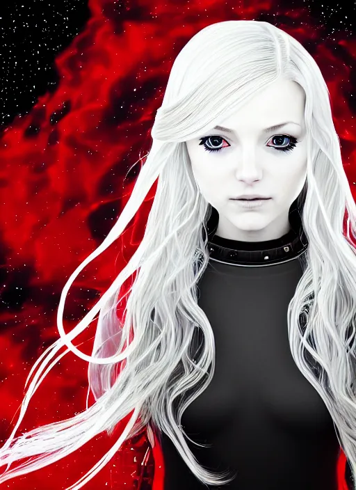 Prompt: highly detailed portrait of a hopeful pretty astronaut lady with a wavy blonde hair, by Emma Geary, 4k resolution, nier:automata inspired, bravely default inspired, vibrant but dreary but upflifting red, black and white color scheme!!! ((Space nebula background))