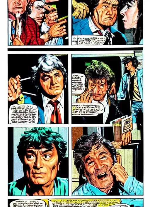 Image similar to Columbo in Creepshow (1982), comic book panels, artwork by Bernie Wrightson, full color, detailed