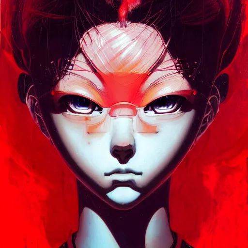 Image similar to prompt : red portrait soft light painted by james jean and katsuhiro otomo and erik jones, inspired by evangeleon anime, smooth face feature, intricate oil painting, high detail illustration, sharp high detail, manga and anime 1 9 9 0