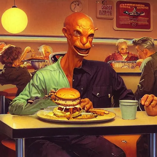 Image similar to beautiful cute alien, eating a cheeseburger, at a 5 0 s diner, painted by norman rockwell, greg rutkowski, john howe, wlop, artgerm