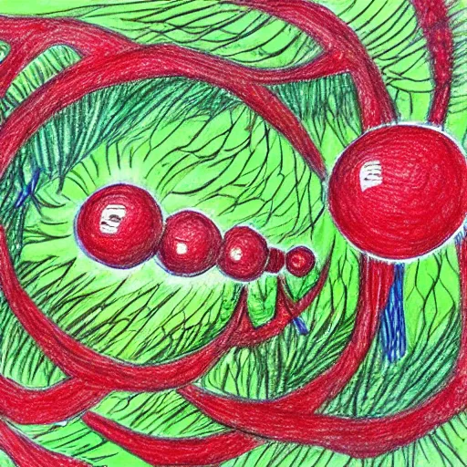 Image similar to drawing of nature after humanity has been extinct outsider art style red ballpoint pen