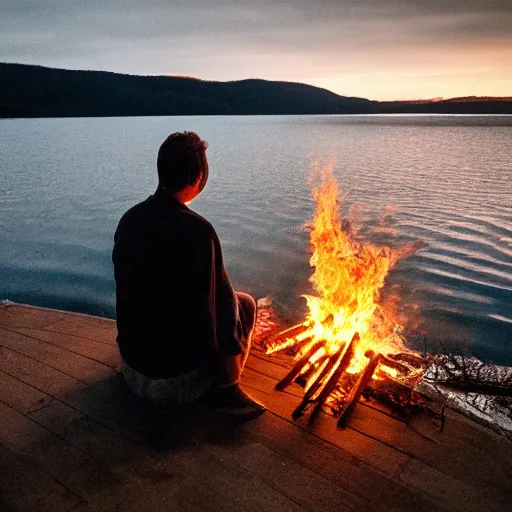 Image similar to a man sits by a lake, throwing pieces of his life into a bonfire. a great shapeless thing of darkness is drawn across the water to the light.