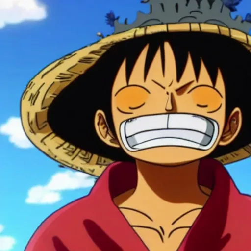Prompt: Luffy from One Piece wearing a crown on top of a hill, Luffy wearing an oversized cloak in the wind, sun behind, cinematic scene at evening