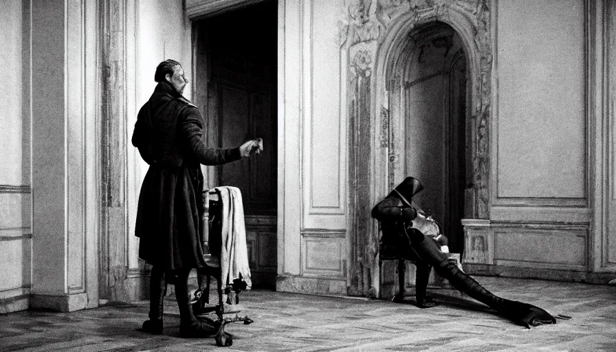 Prompt: hyper detailed movie still of robespierre at the guillotine, on a great neoclassical square, cinestill 8 0 0 t 3 5 mm, high quality, heavy grain, high detail, cinematic composition, dramatic light, anamorphic, ultra wide lens, hyperrealistic, by josef sudek