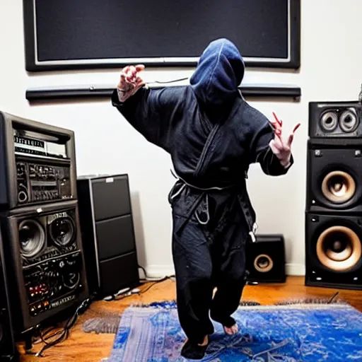 Prompt: photo of a drunk ninja in a music studio