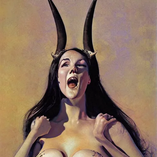 Prompt: portrait of an ecstatic woman with horns, by Robert McGinnis