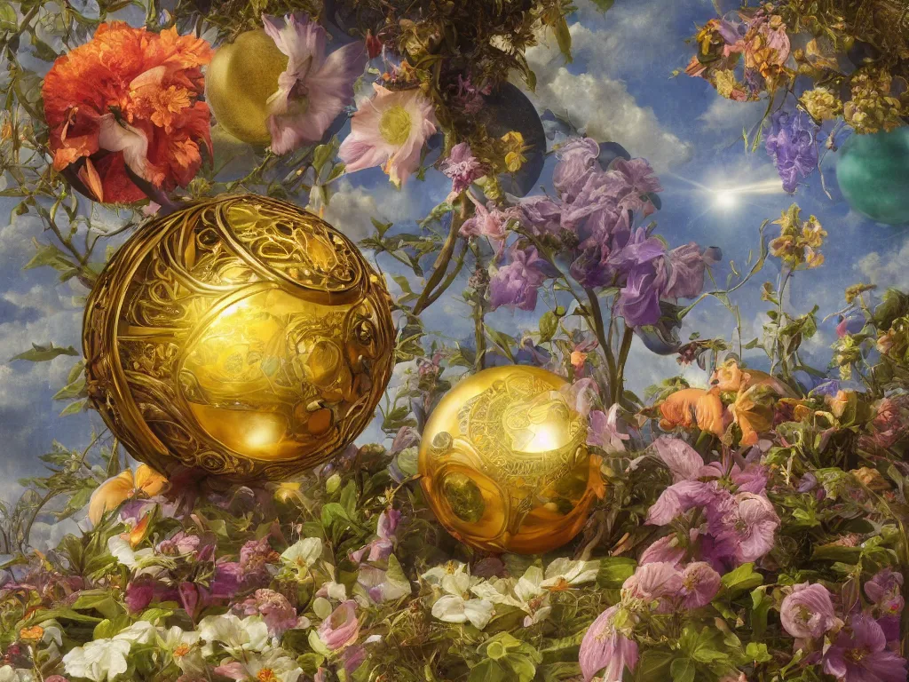 Prompt: the orb of eternity, sunlight study, art nouveau, by jan davidz de heem and ( ( ( ( lisa frank ) ) ) ), 8 k, sharp focus, octane render, ( ( ( kauai ) ) )