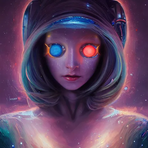 Image similar to a female robot AI painting beautiful cosmic art on a canvas, by artgerm and wlop and scott fischer and seb mckinnon, digital art, highly detailed, wide shot, intricate, fantasy, mystical, sharp focus, Trending on Artstation HQ, deviantart, unreal engine 5, 4K UHD image