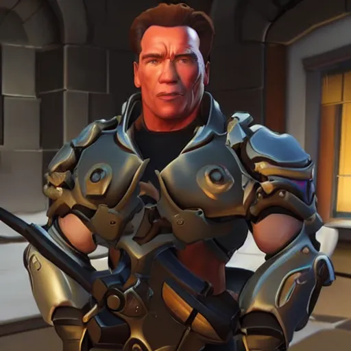 Image similar to a screenshot of arnold schwarzenegger as mercy in overwatch