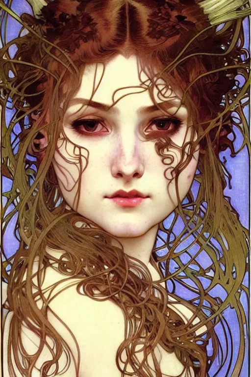 Prompt: realistic detailed face portrait of a beautiful young spidergirl with web lines in her elaborate hair by alphonse mucha, ayami kojima, amano, greg hildebrandt, and mark brooks, art nouveau, neo - gothic, gothic