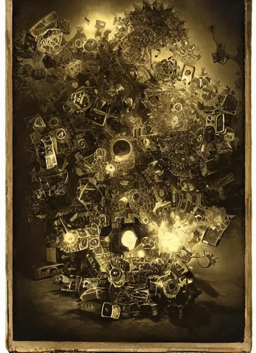 Prompt: old wetplate daguerreotype, the unveiling of pandora's box, explosion of data fragments, fractal, intricate, elegant, highly detailed, parallax, leica, medium format, subsurface scattering, by jheronimus bosch and greg rutkowski and louis jacques mande daguerre