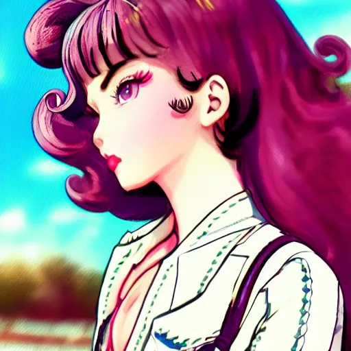Prompt: beautiful little girl, profile picture, vintage fashion, highly detailed, reflection, 8 k, realistic artwork, hd, inspired by jojo bizarre adventure, 9 0 s anime art style, elegant, lofi