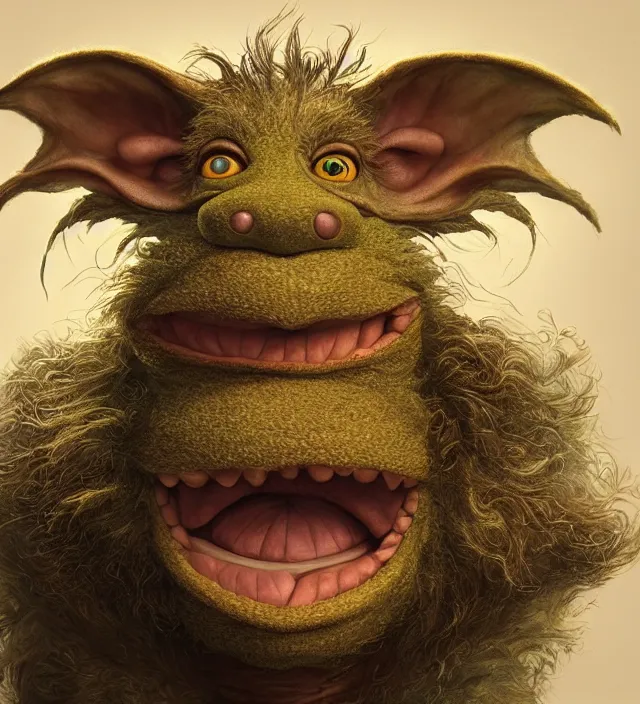 Image similar to hyper realistic portrait of muppet monster goblin, cinematic, symmetric face, dark crystal, artstation, cgsociety, alan lee, jean baptiste monge, scott radke