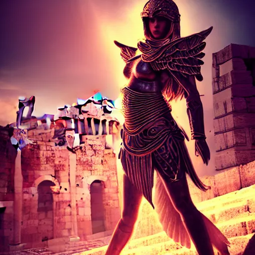 Image similar to portrait of a young persian Knights of Zodiac girl, wings, fighting at ancinet Agora of Athens, ruins, cyberpunk cathedral, Golden Light, 8K, trending on artstation, volumetric light, lightrays, smoke, cinematic, atmospheric, insanely detailed and intricate, hypermaximalist, elegant, trending on WLOP artstation, super detailed