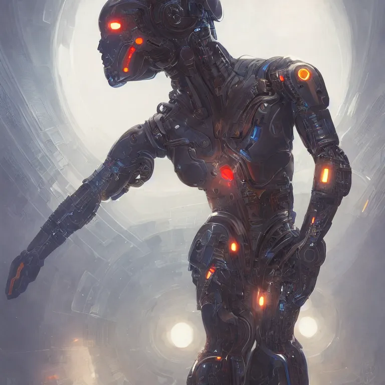Prompt: symmetry, portrait of cyborg, sci - fi armour, tech wear, cables, glowing lights, sci - fi, intricate, elegant, highly detailed, digital painting, artstation, concept art, smooth, sharp focus, illustration, art by artgerm and greg rutkowski and alphonse mucha