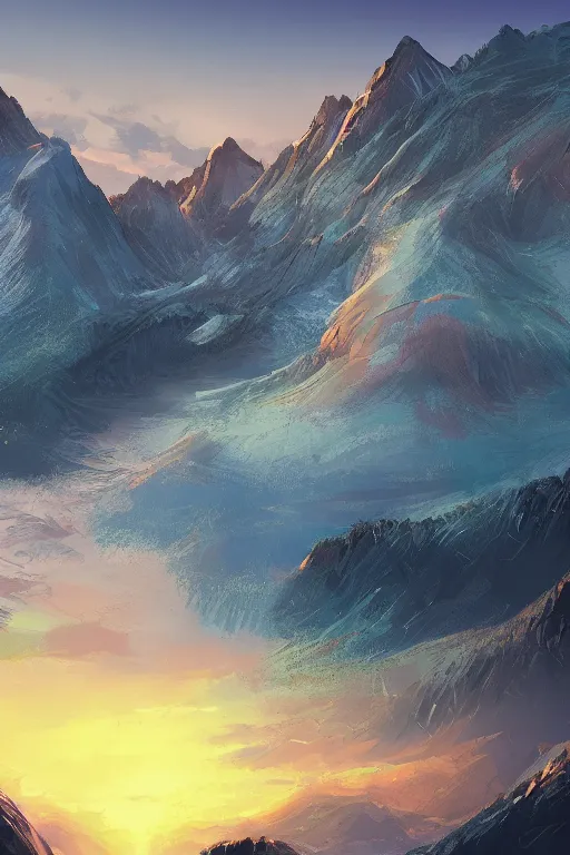 Prompt: sunrise mountain water digital art by tooth wu trending on artstation