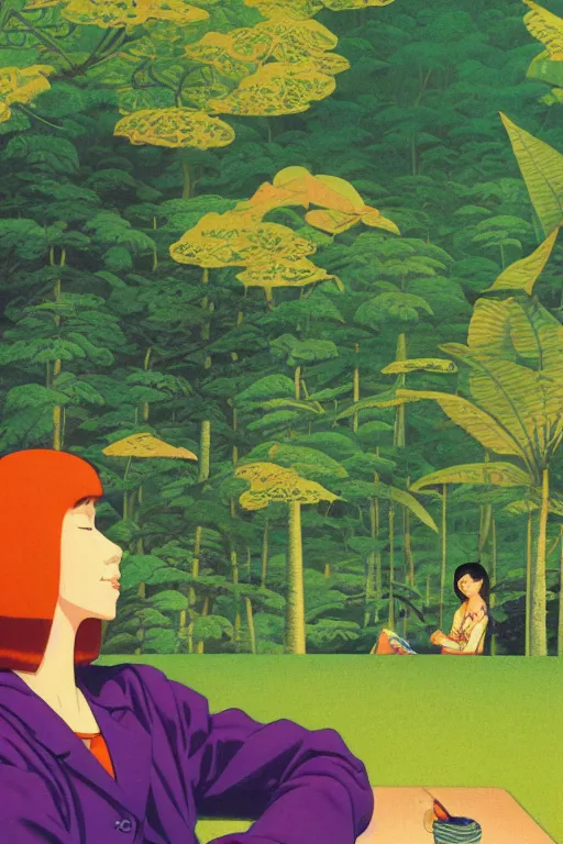 Prompt: a closeup portrait of a young woman taking mind altering drugs, a blotter paper of lsd acid and dreaming psychedelic hallucinations in the vast green landscapes of the amazon jungle, by kawase hasui, moebius, edward hopper, colorful flat surreal design, hd, 8 k, artstation