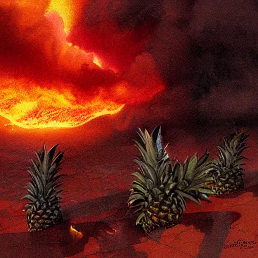 Prompt: pineapples on fire in a tornado matte painting, highly detailed