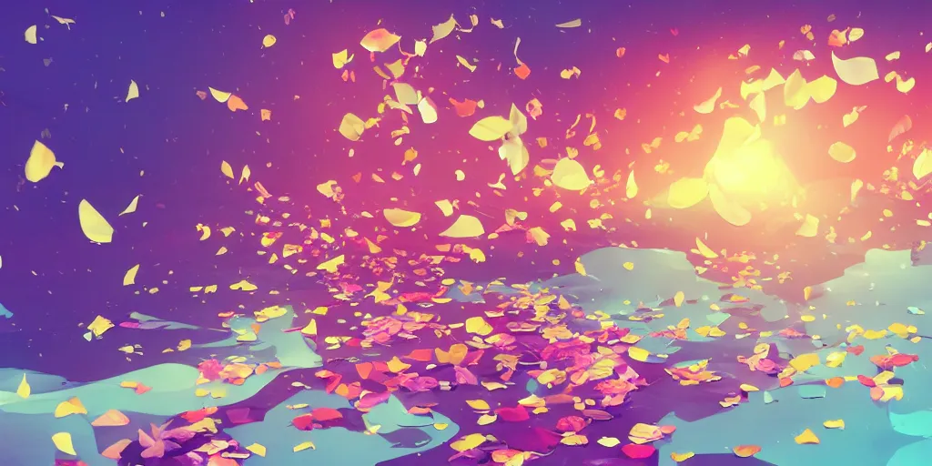 Prompt: background art of spaciously scattered flower petals flowing and floating through the blowing swirling directional wind from left to right on a simple sunset background, large individual rose petals, angular background elements, polygonal fragments, anime, artgerm, manga, trending on artstation, art nouveau, mature color scheme