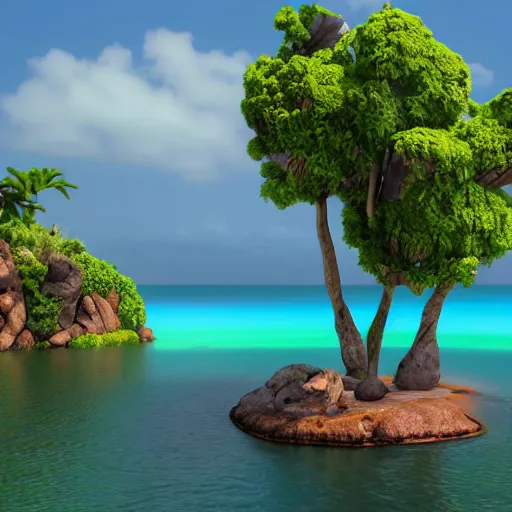 Image similar to realistic photo of an island from raft, 4k, octane render, award winning