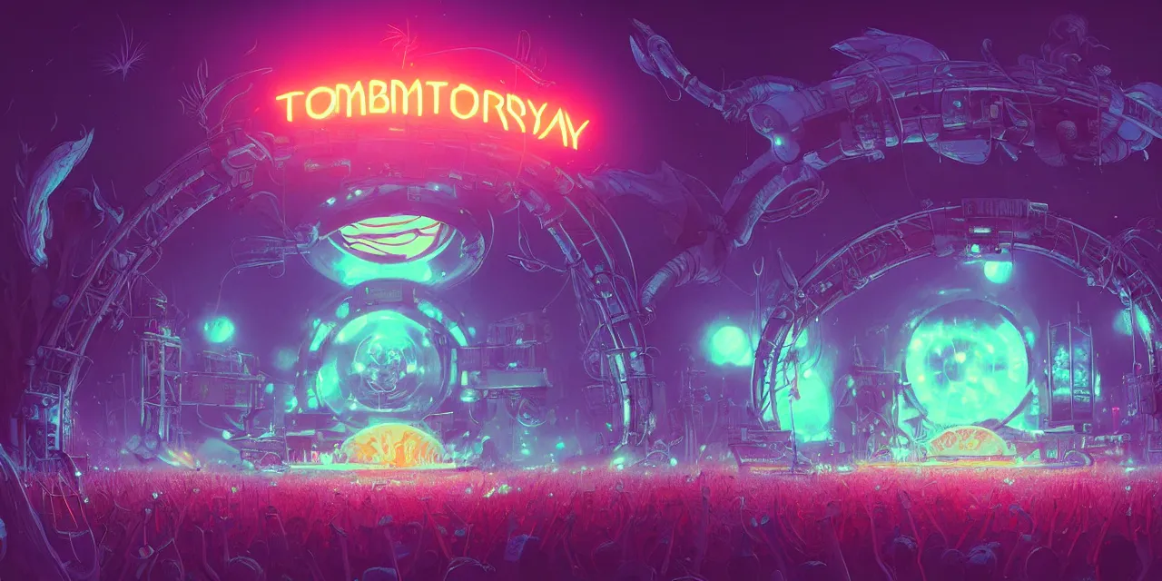 Image similar to tomorrowland, hyper - realistic detailed music festival stage, by atey ghailan, by greg rutkowski, by greg tocchini, by james gilleard, by joe fenton, by kaethe butcher, dynamic lighting, neon cinematic lighting color scheme, white lighting, grunge aesthetic