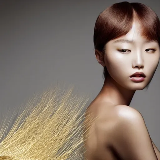 Image similar to a beautiful young female korean model wearing a hairsculpture made of hair and gold string, photoshot by erwin olaf