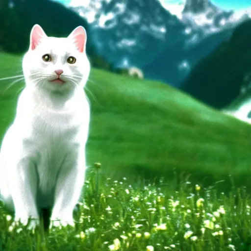 Image similar to a white cat with blue eyes singing to the sound of music, austria, film still, sound of music, 4 k, 8 k