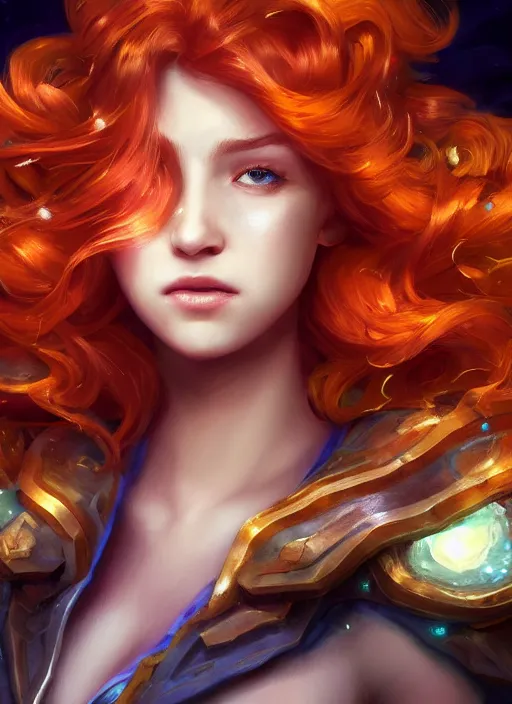 Image similar to glowwave portrait of curly orange hair man from league of legends, au naturel, hyper detailed, digital art, trending in artstation, cinematic lighting, studio quality, smooth render, unreal engine 5 rendered, octane rendered, art style by klimt and nixeu and ian sprigger and wlop and krenz cushart.