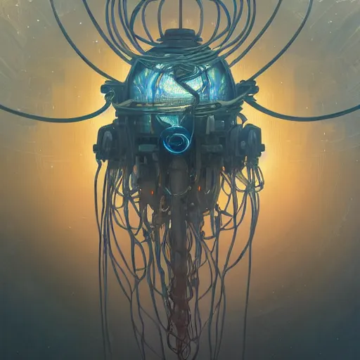 Image similar to A cybertronic jellyfish, sci-fi art by alphonse mucha and greg rutkowski, highly detailed, digital painting, concept art, illustration, dim lighting, trending on artstation, very detailed, smooth, sharp focus