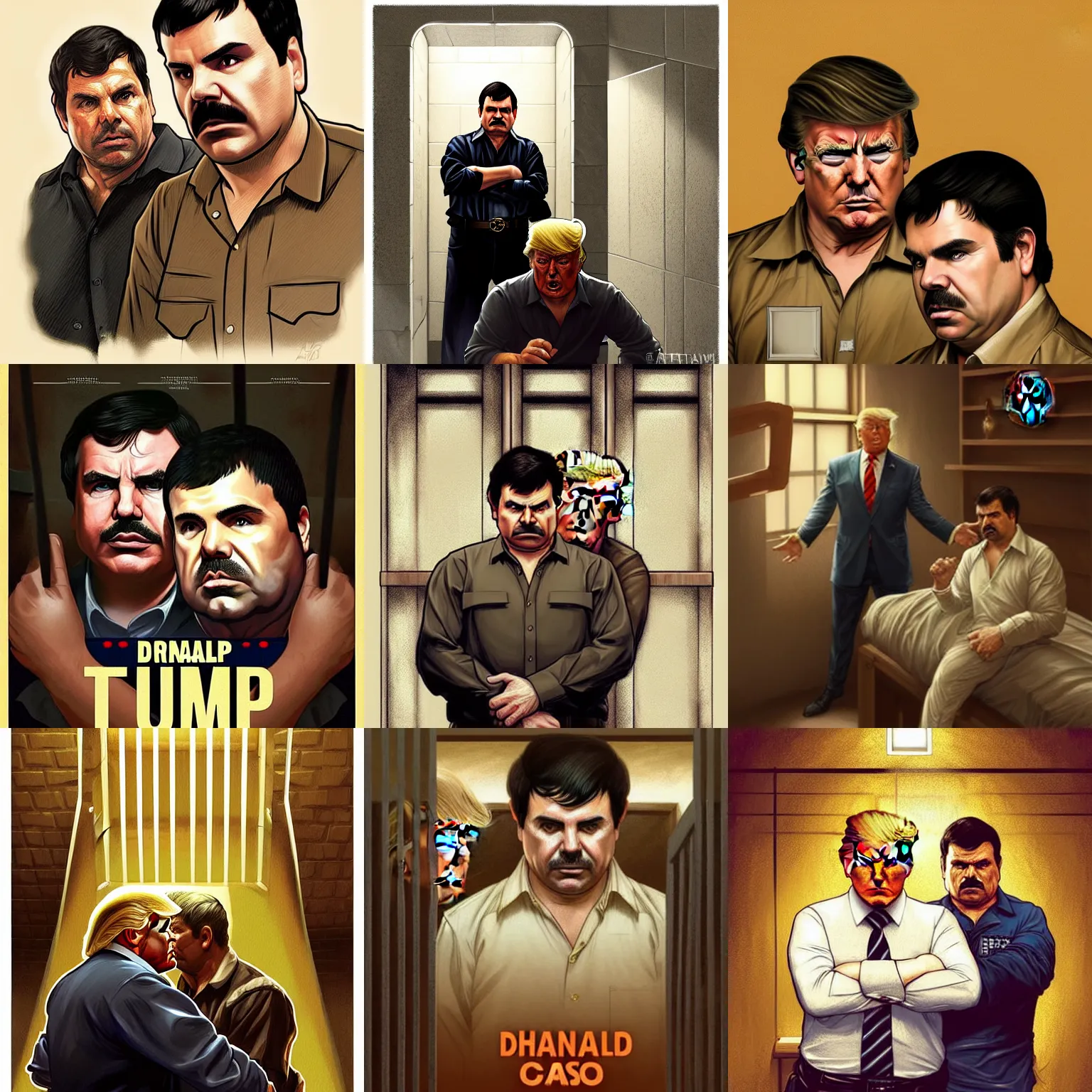 Image similar to illustration of donald trump and El Chapo sharing a prison cell in jail. videogame cover art, highly detailed, digital painting, artstation, concept art, smooth, detailed armor, sharp focus, beautiful face, illustration, art by Artgerm and greg rutkowski and alphonse mucha