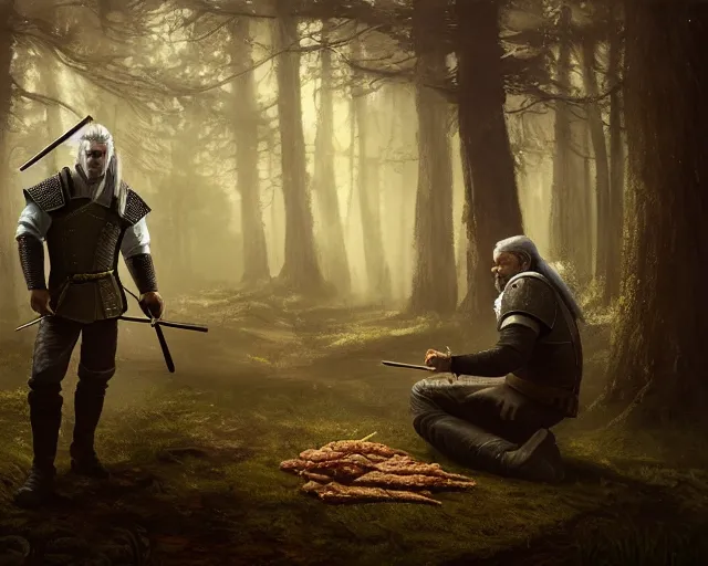 Image similar to 5 5 mm portrait photo of geralt of rivia serving doner kebab, in a magical forest. dark atmosphere. art by greg rutkowski. highly detailed 8 k. intricate. lifelike. soft light. nikon d 8 5 0.