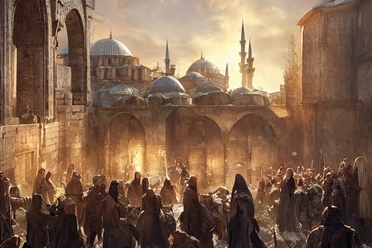 Image similar to medieval istanbul with ottoman people, scenery landscape, lord of the rings,, rule of thirds, highly detailed, perfect lighting, perfect composition, 4 k, artgerm, derek zabrocki, greg rutkowski