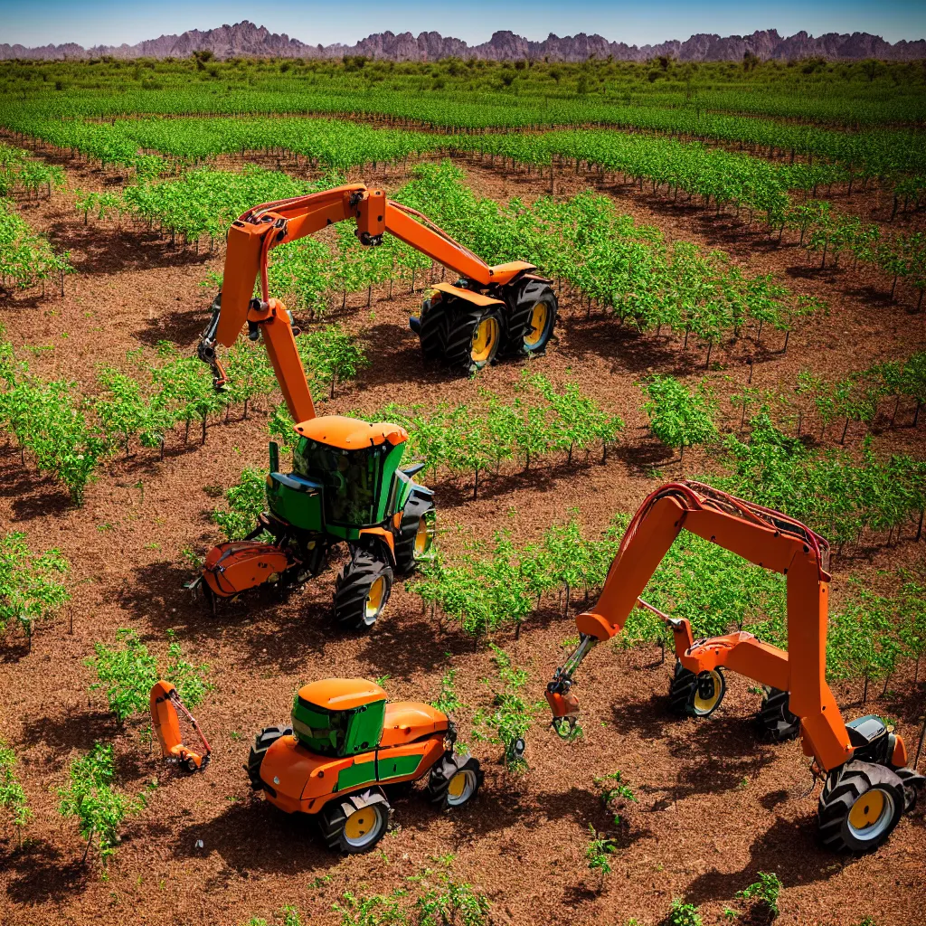 Image similar to robotic farming machinery maintaining a permaculture jungle in the desert, XF IQ4, 150MP, 50mm, F1.4, ISO 200, 1/160s, natural light